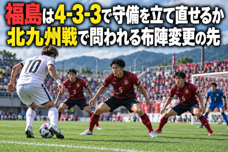 昼のサッカースタジアムで相手の攻撃に備えて守備位置を整える選手たち。