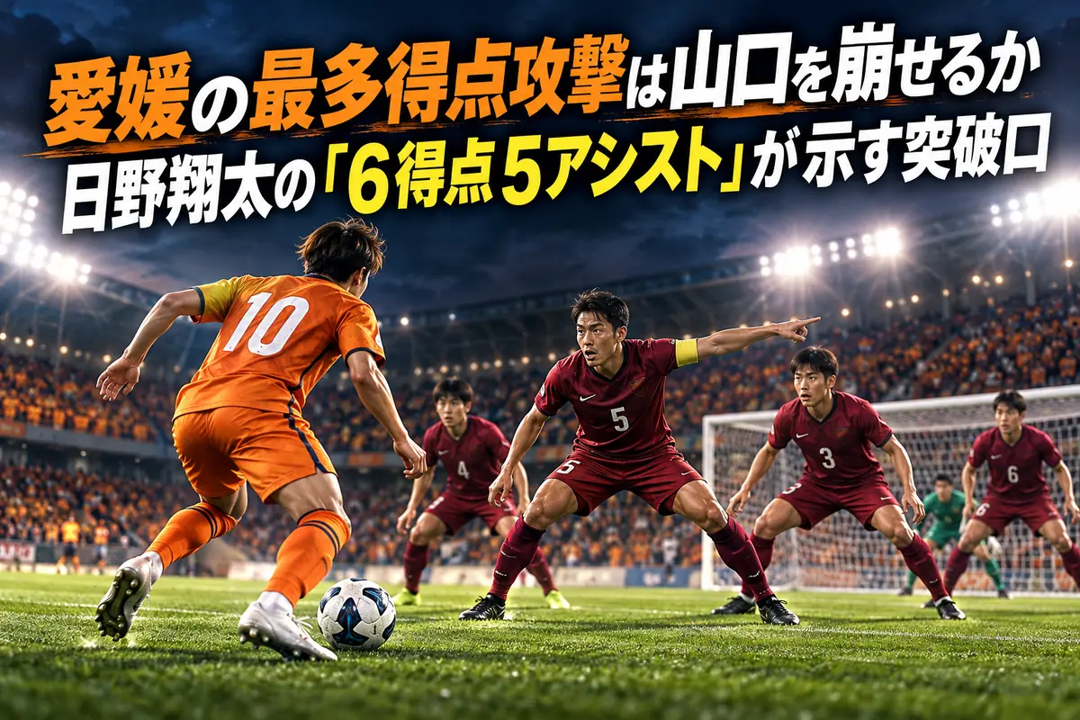 夜のスタジアムで愛媛の攻撃と山口の組織的な守備が向き合うイメージ。