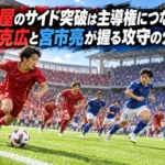 名古屋のサイド突破は主導権につながるか 中山克広と宮市亮が握る攻守の分岐点 赤と青のユニフォームの選手がサイドの攻防を繰り広げるサッカーのイメージ。