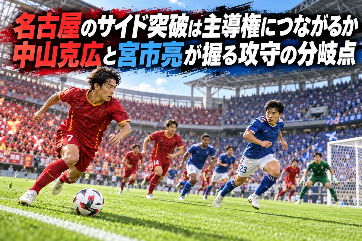 赤と青のユニフォームの選手がサイドの攻防を繰り広げるサッカーのイメージ。