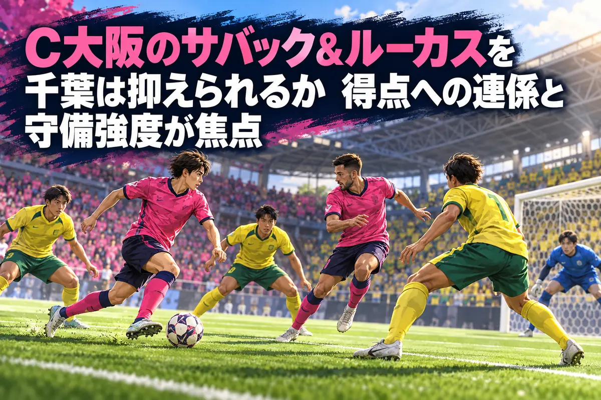ピンクのユニフォームの攻撃陣と黄色の守備陣が対峙するサッカーのイメージ。