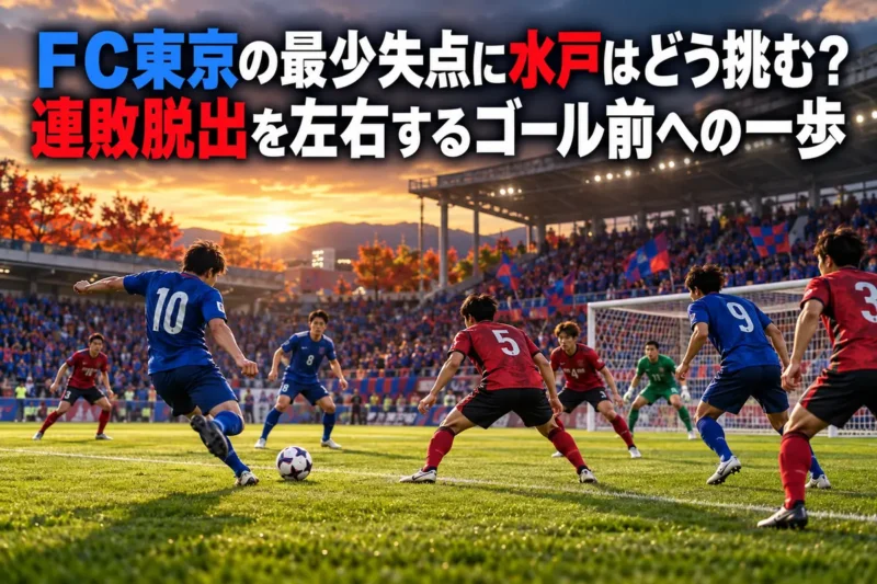 秋のスタジアムでゴール前への配球を狙う攻撃側と対応する守備側のイメージ。