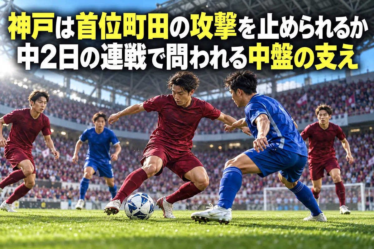 深紅と青のユニフォームの選手が中盤でボールを争うサッカーのイメージ。