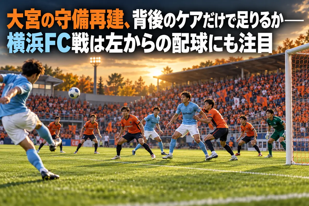 左サイドからのボールに対応するオレンジの守備陣と、水色の攻撃陣を描いたサッカーのイラスト。