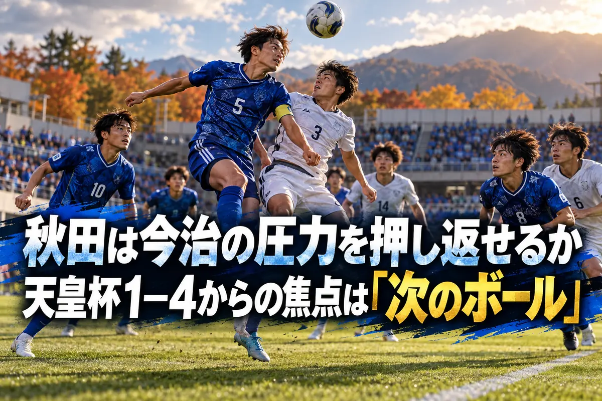 秋のサッカー場で競り合い後のこぼれ球を追う選手たちのイメージ。