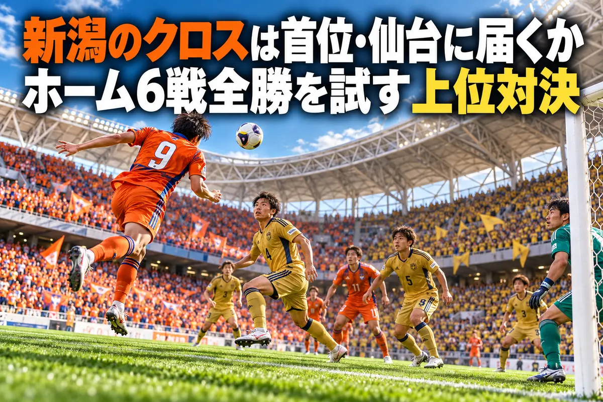クロスに合わせる新潟の攻撃と仙台の守備をイメージしたスタジアムのイラスト。