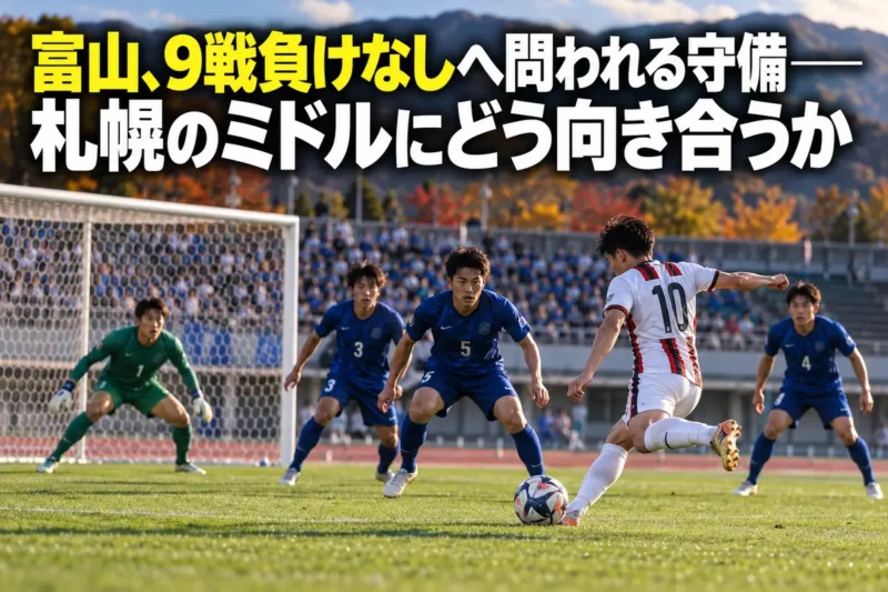 陸上競技場のピッチでミドルシュートに備えるGKと守備陣のイメージ。