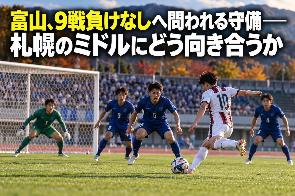 陸上競技場のピッチでミドルシュートに備えるGKと守備陣のイメージ。