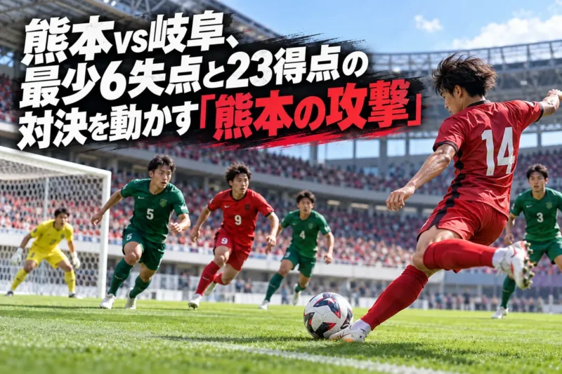 赤いユニフォームの攻撃陣と緑のユニフォームの守備陣がゴール前で向き合うサッカーのイメージ。