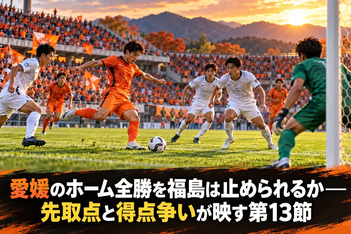 秋のスタジアムでゴール前の攻防を繰り広げるサッカー選手たちのイメージ。