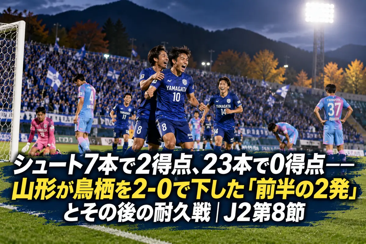 ゴールを喜ぶ選手たちと肩を落とす相手選手が映るスタジアムの試合風景