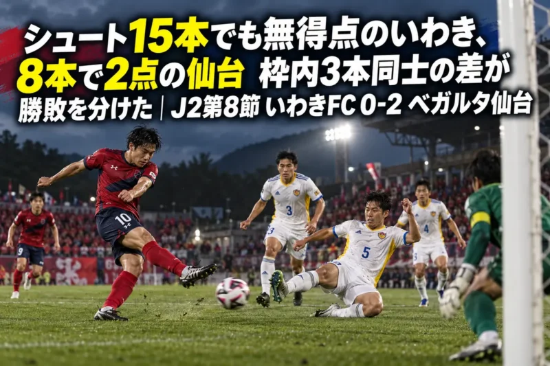 曇り空のスタジアムでゴールを狙うサッカー選手たち