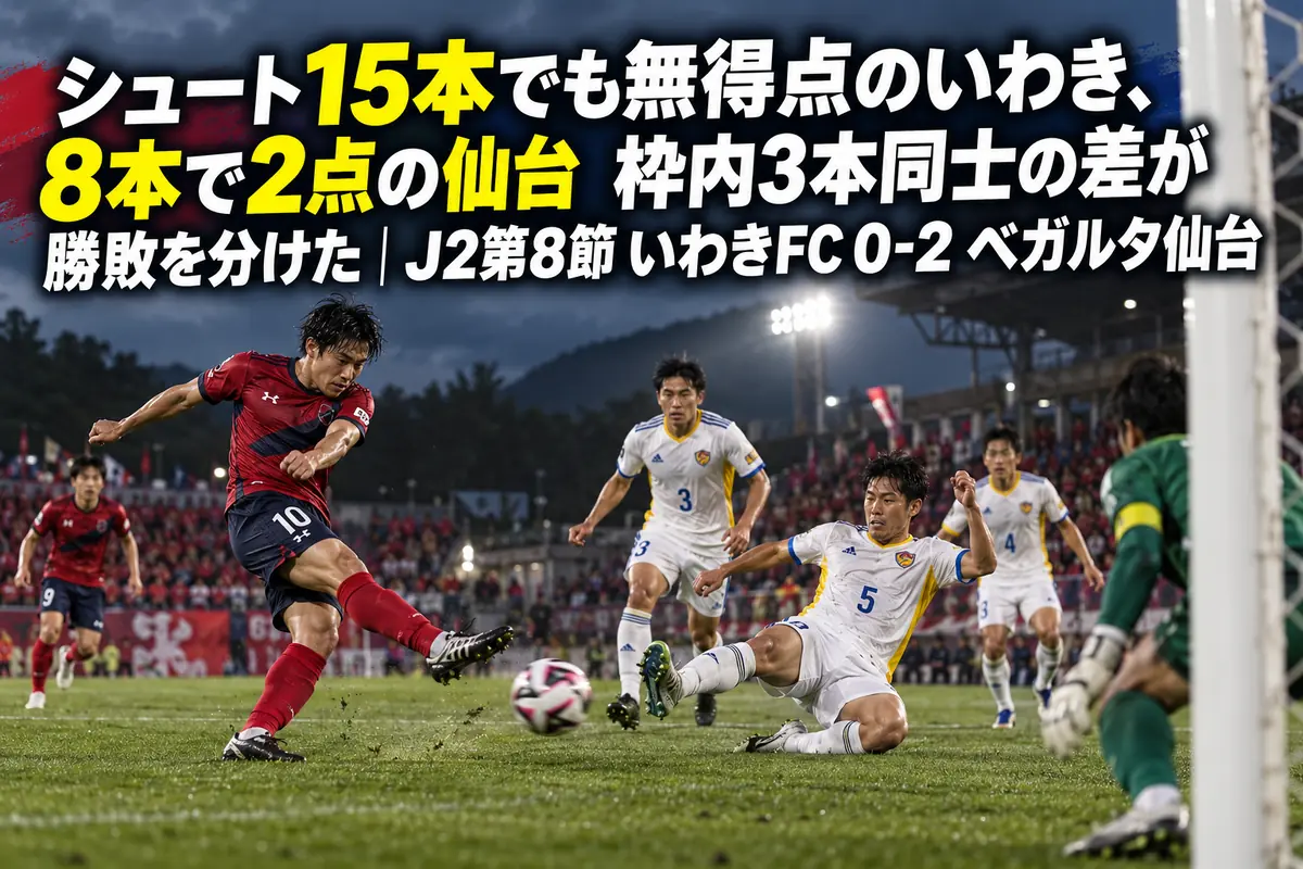 曇り空のスタジアムでゴールを狙うサッカー選手たち