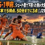 雨のスタジアムでゴールを喜ぶオレンジのユニフォームの選手たち