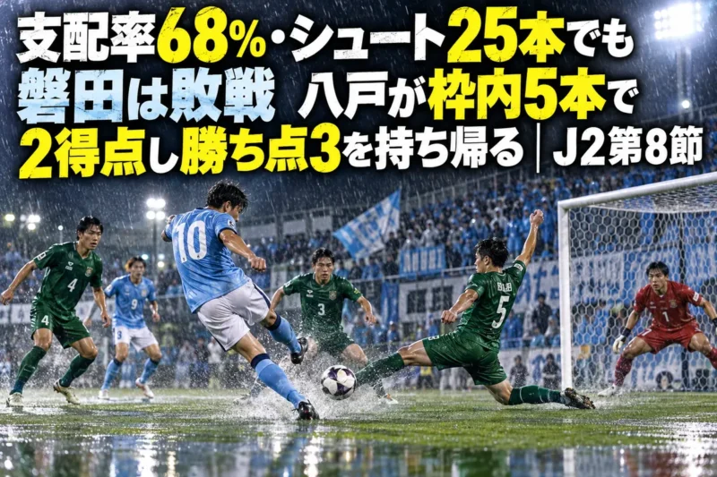 雨のスタジアムでゴール前に攻め込む選手と、シュートを防ぐ守備側の選手