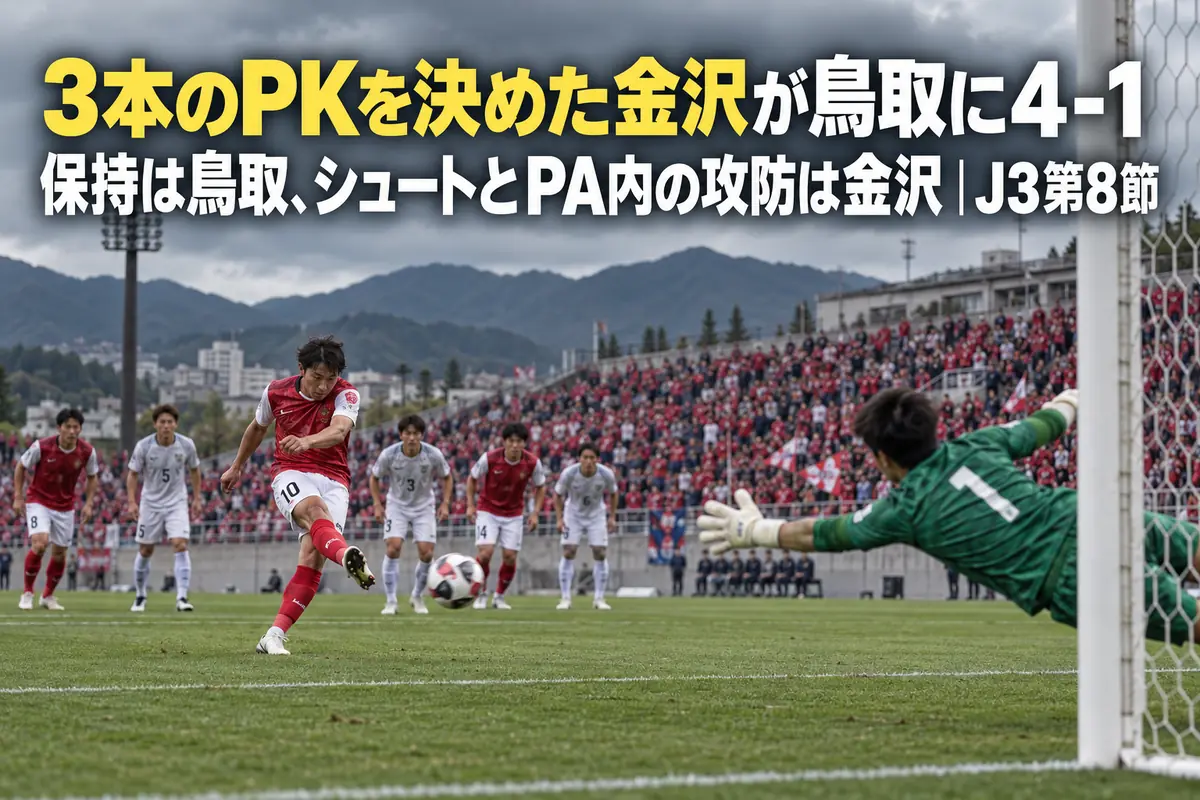 曇り空のスタジアムでPKを蹴るサッカー選手