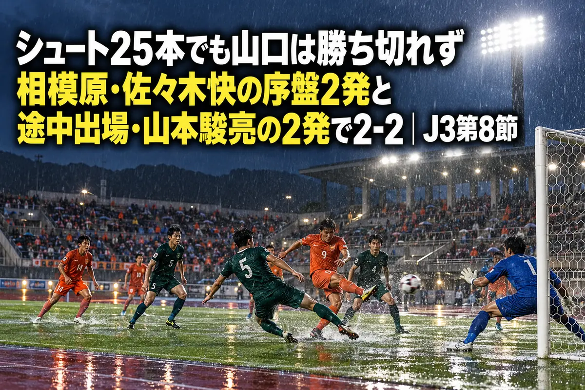 雨のスタジアムでゴール前の攻防を繰り広げるサッカーの試合のイメージ