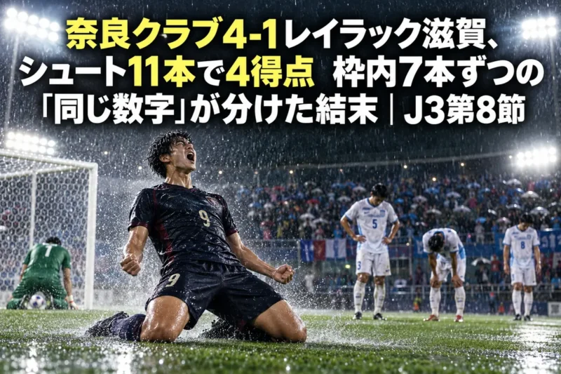 雨のスタジアムでゴールを喜ぶサッカー選手のイメージ