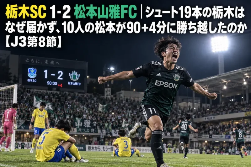 終了間際の勝ち越しゴールに沸く選手と、うなだれる相手選手たちのサッカーの試合風景