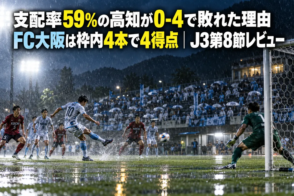 雨のスタジアムで行われるサッカーの試合の様子