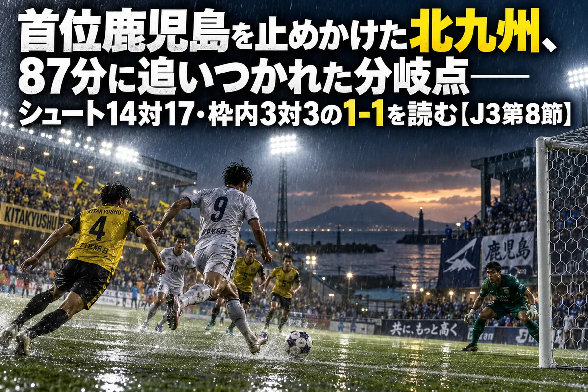 雨のスタジアムで終盤にゴール前の攻防が続くサッカーの試合のイメージ