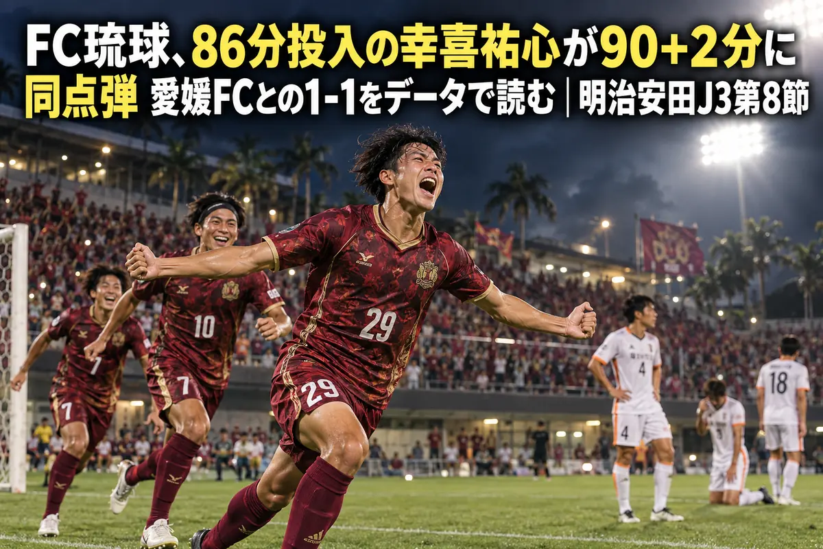終了間際の同点ゴールを喜ぶ選手たちを描いたサッカーの試合のイメージ