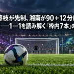 藤枝が先制、湘南が90+12分に同点――1―1を読み解く「枠内7本」の意味 紫と緑の色彩を背景に、ゴール前の芝生に置かれたサッカーボール。