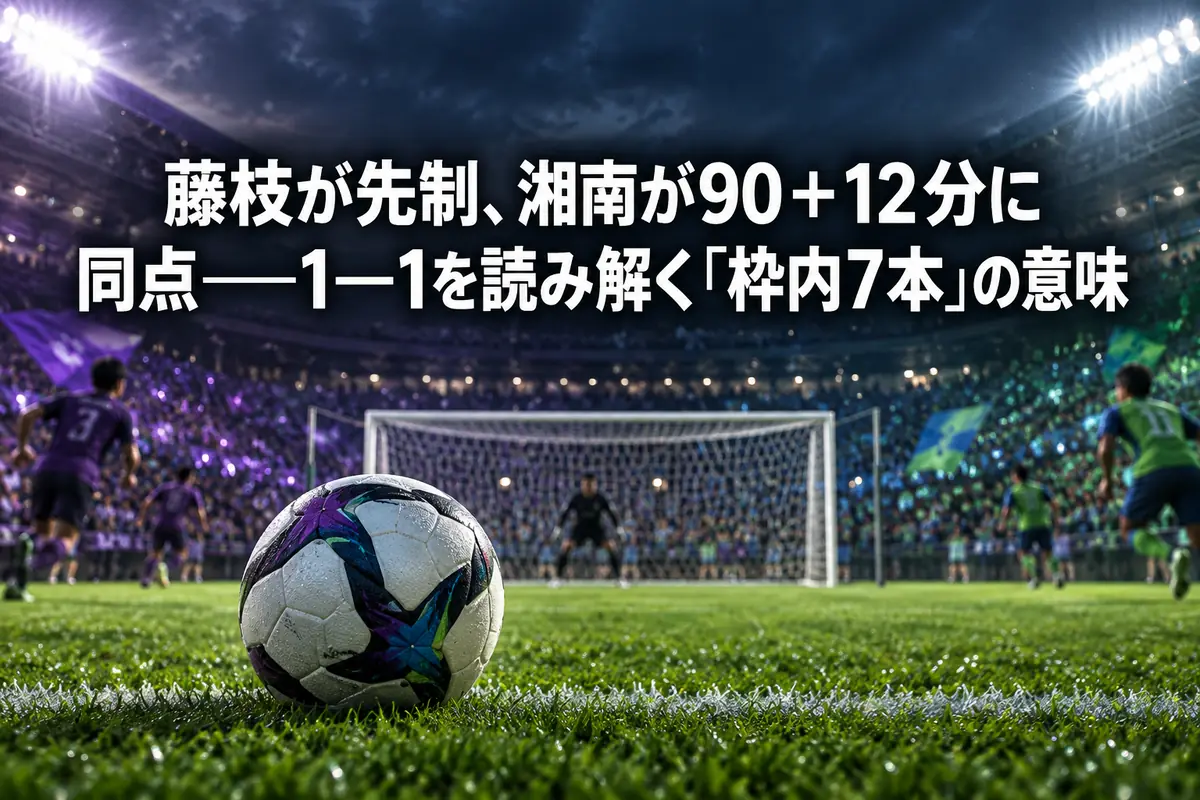 紫と緑の色彩を背景に、ゴール前の芝生に置かれたサッカーボール。