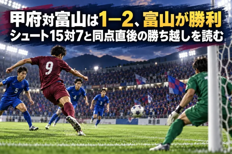 甲府と富山の対戦をイメージした、ゴールを狙う選手と守備陣のイラスト。