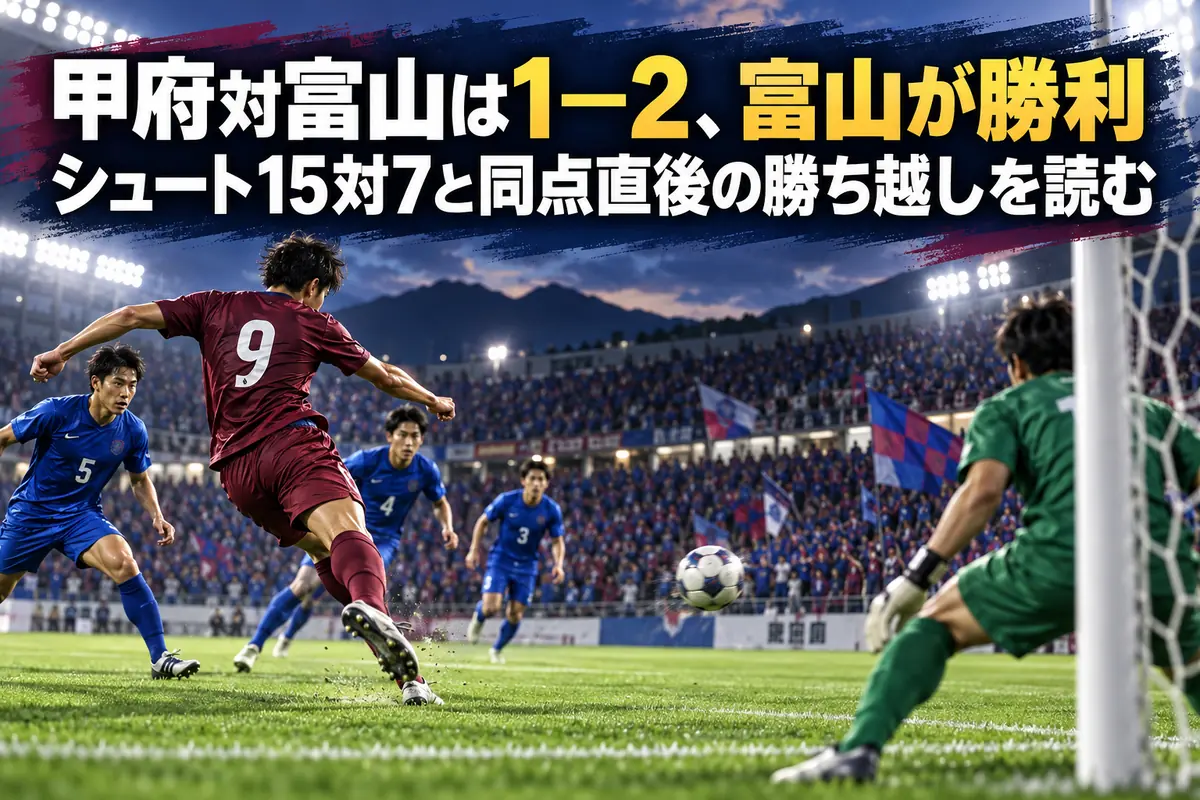 甲府と富山の対戦をイメージした、ゴールを狙う選手と守備陣のイラスト。