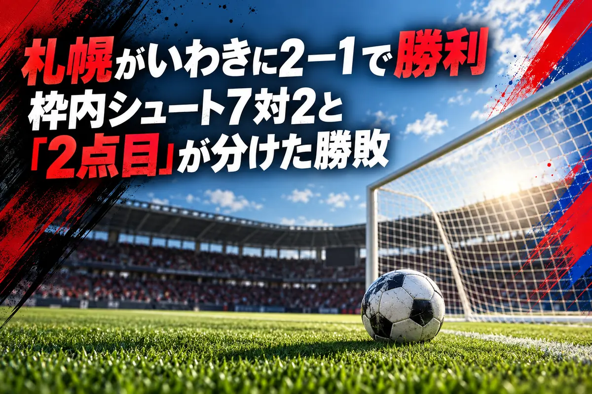 ゴールとボールを中心に、札幌といわきの対戦をイメージしたサッカーのイラスト。