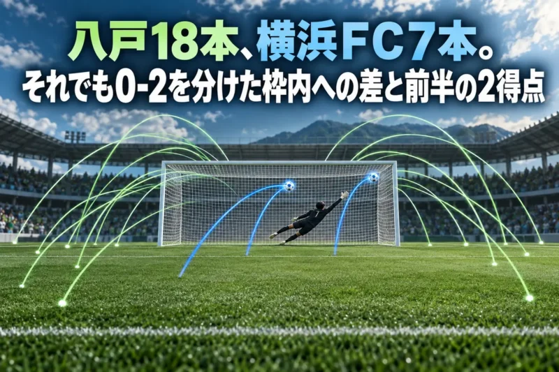ゴールへ向かう緑と青の軌道でシュート数と得点の違いを表したイラスト。