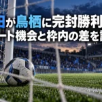 秋田が鳥栖に完封勝利――シュート機会と枠内の差を読む ゴール前のサッカーボールと青を基調としたスタジアムのイメージ。