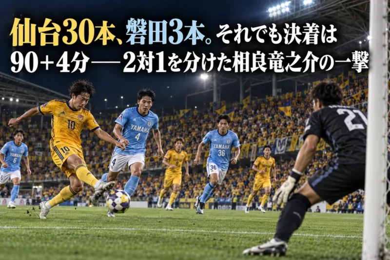 照明に照らされたサッカー場で金色と水色のユニフォームの選手が競り合うイメージ。
