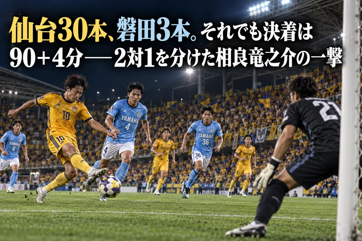 照明に照らされたサッカー場で金色と水色のユニフォームの選手が競り合うイメージ。