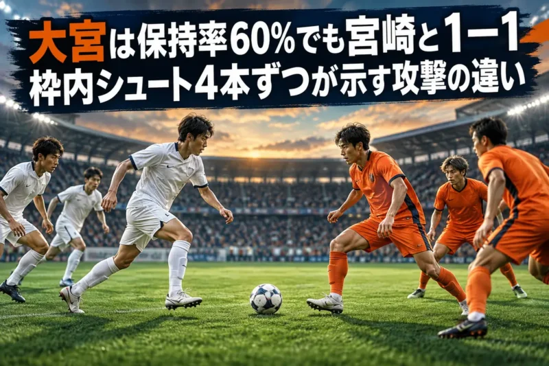 白とオレンジのユニフォームの選手が並ぶピッチを俯瞰したサッカーのイメージ。