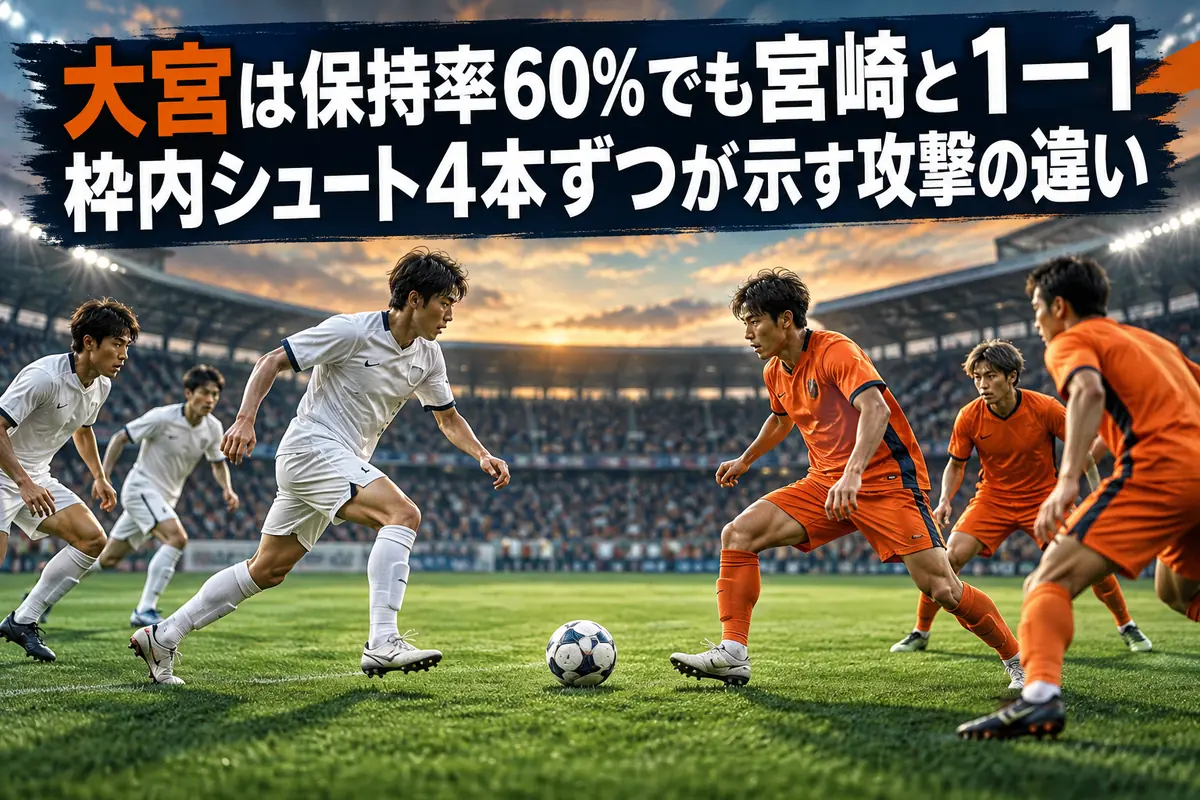 白とオレンジのユニフォームの選手が並ぶピッチを俯瞰したサッカーのイメージ。