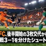 愛媛FC、後半開始の3枚交代から逆転 群馬戦3―1を分けたシュートの差 オレンジのユニフォームの攻撃側と紺色の守備側がゴール前で競うサッカーのイメージ。