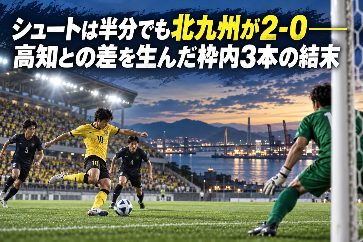 海辺のスタジアムでゴールを狙う選手と守備陣を描いたサッカーのイラスト。