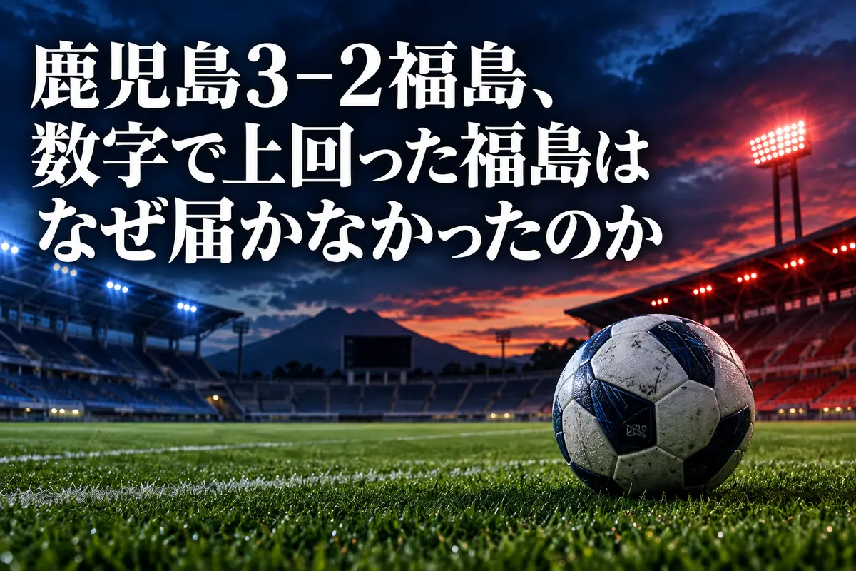 青と赤の光が差すサッカースタジアムの芝生に置かれたボールのイメージ。