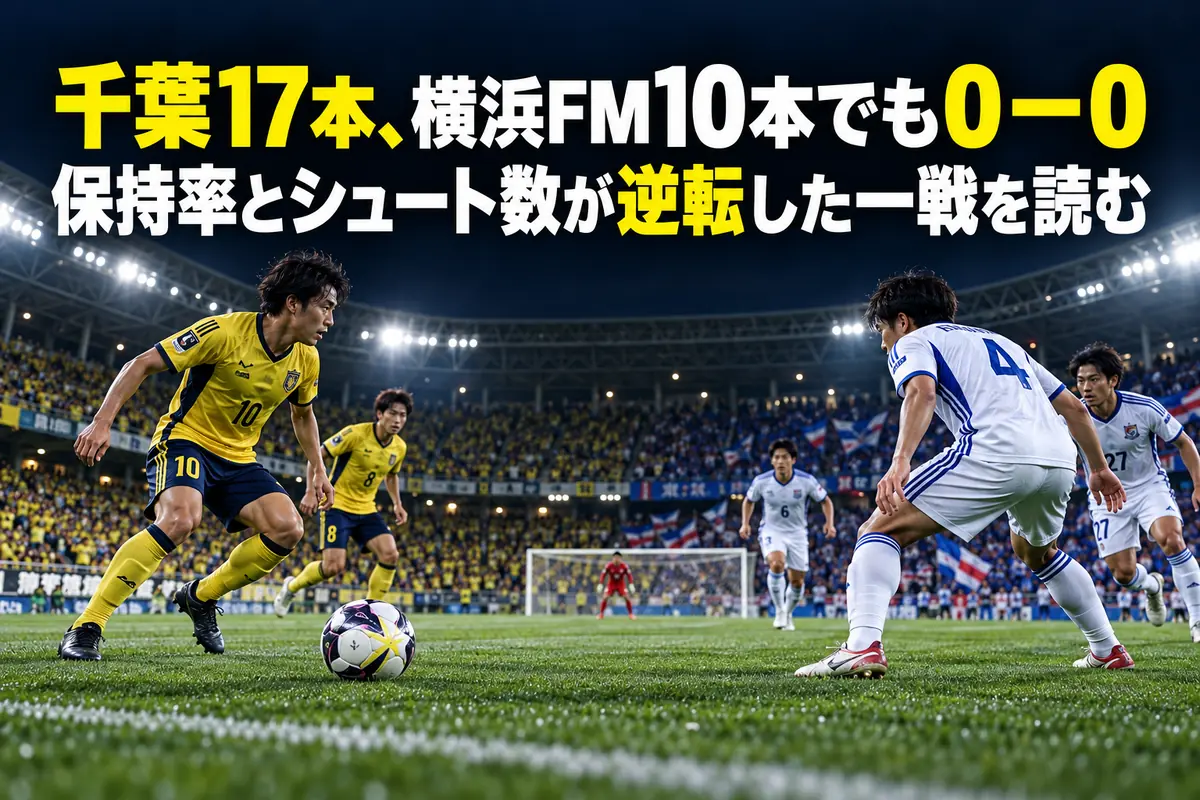 黄色と紺、白と青のユニフォームの選手が向き合うサッカースタジアムのイメージ。