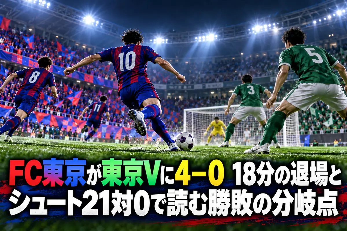 青赤と緑のユニフォームの選手が対峙するサッカースタジアムのイメージ。