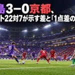 広島3-0京都、シュート22対7が示す差と「1点差の30分」 紫と赤のユニフォームの選手が対峙するサッカーの試合を描いたイラスト。