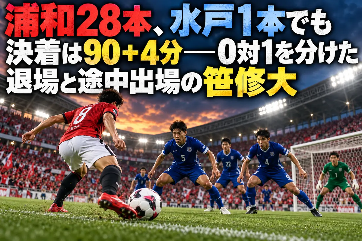 青い守備陣に赤いユニフォームの選手が攻め込むサッカーの試合のイメージ。
