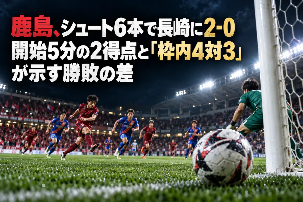 赤と青・オレンジのユニフォームを着た選手とゴール前のボールを描いたサッカーのイメージ。