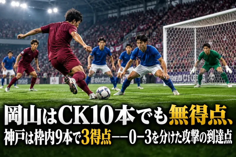 ゴール前で競り合う岡山と神戸をイメージしたサッカーのイラスト。