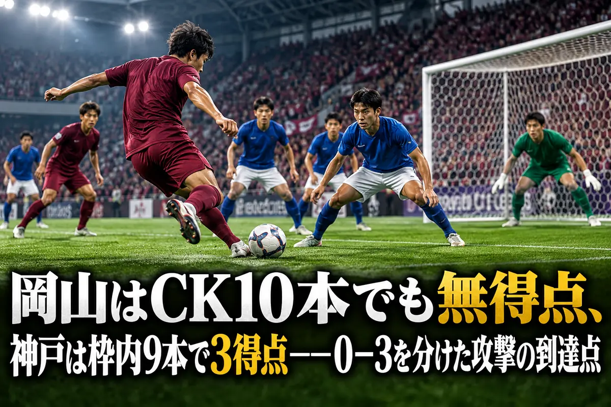 ゴール前で競り合う岡山と神戸をイメージしたサッカーのイラスト。