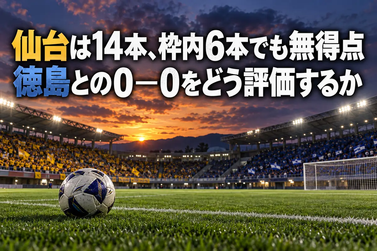 金色と青色のスタンドを背景に、ペナルティーエリア付近にボールが置かれたサッカー場のイメージ。