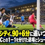試合終了間際の同点ゴールをイメージしたサッカースタジアムのイラスト。