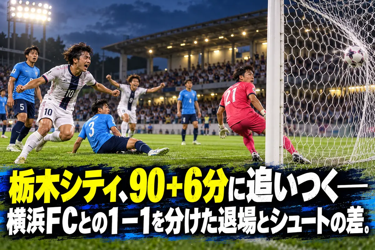 試合終了間際の同点ゴールをイメージしたサッカースタジアムのイラスト。
